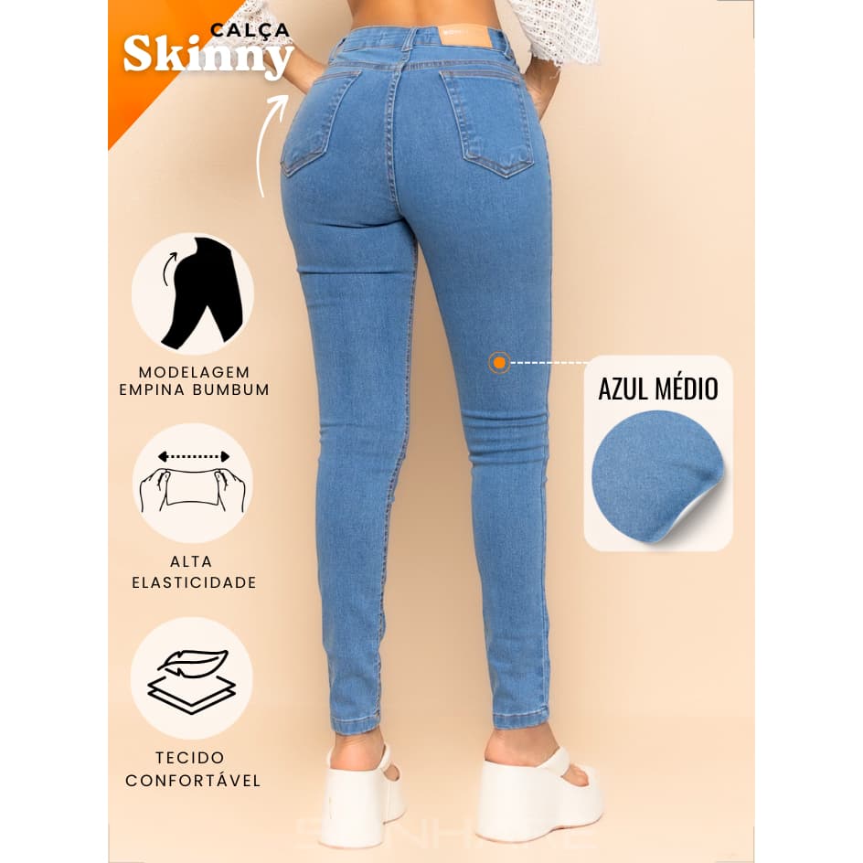 Calça Feminina Skinny Jeans com Lycra Cintura Alta Premium Elegante e Modeladora Empina Bumbum 01
