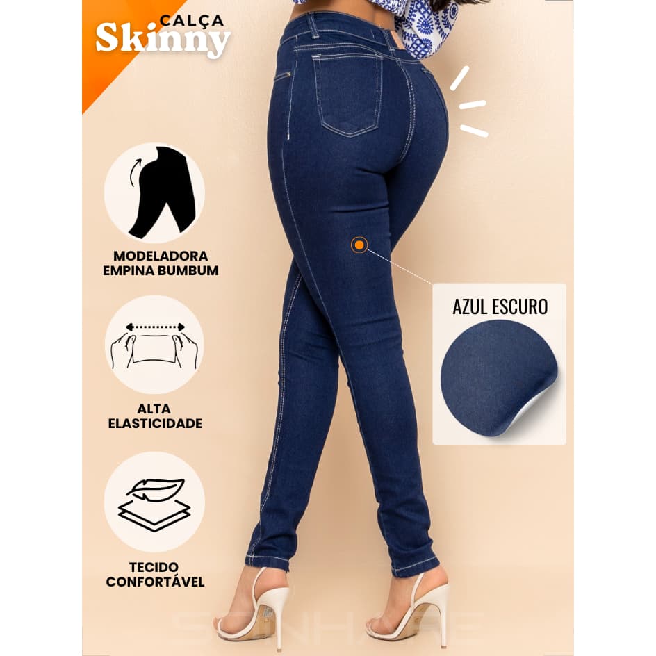 Calça Skinny Jeans Feminina com Lycra Azul Escuro Cintura Alta Premium Modeladora Valoriza Curvas 01
