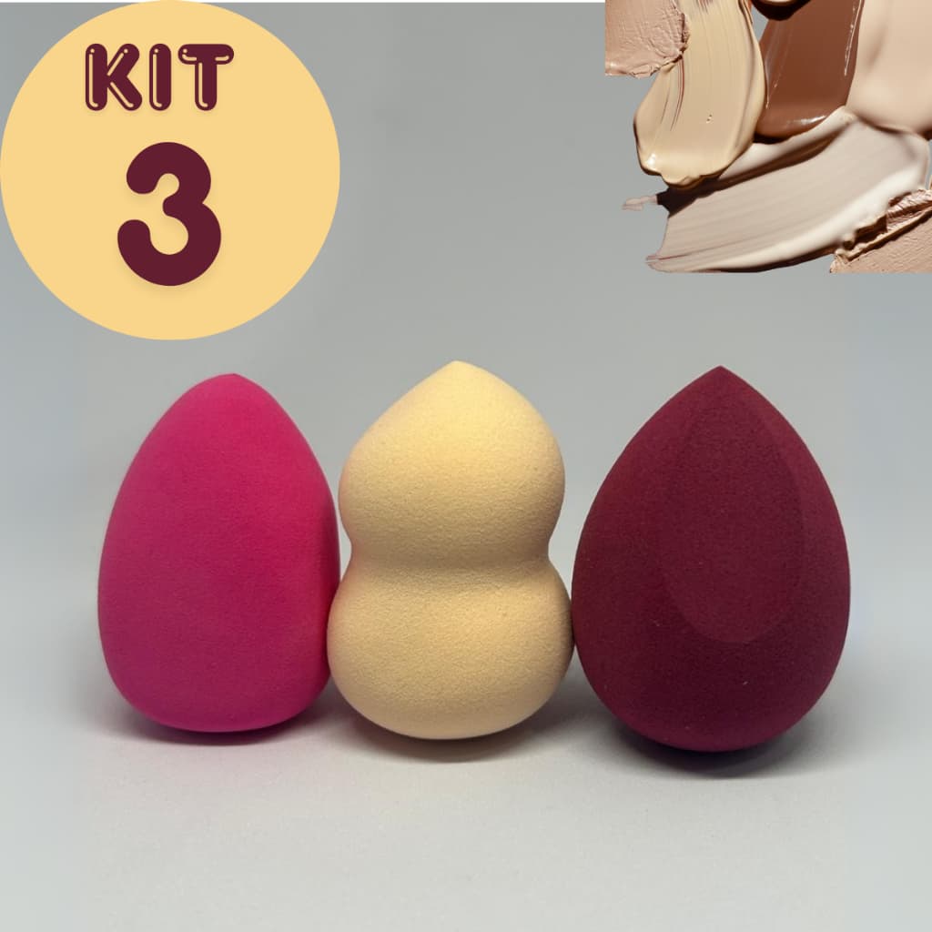 Kit 3 Esponjinhas de Maquiagem Profissionais, Formato Gota, Corpinho e Chanfrada - 6 Cores
