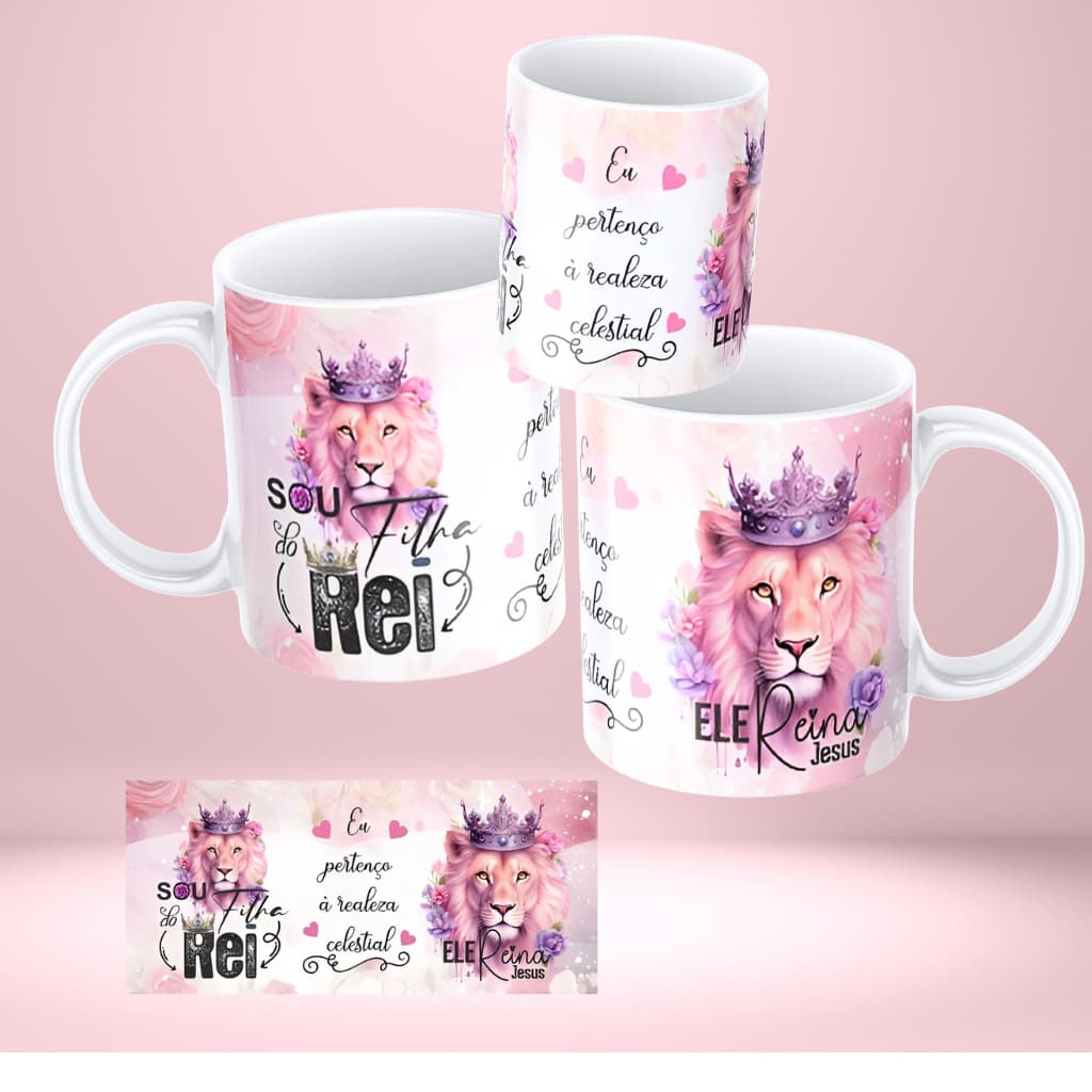 Caneca Religiosa Personalizada – Fé, Leão e Jesus | Porcelana | 325ml | Gospel