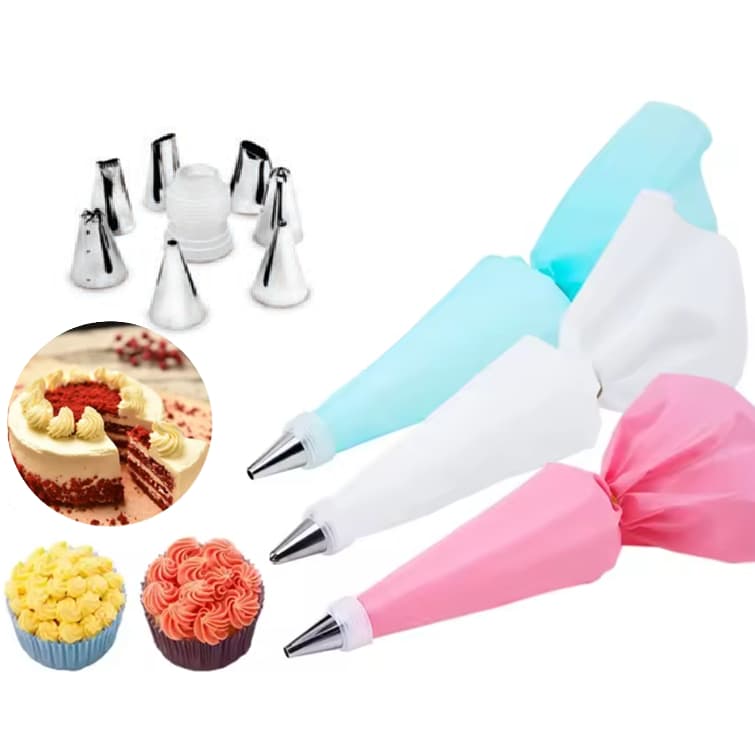 Bico Confeitar 8 Pçs + saco Confeitar Confeiteiro 10 uni duplo - Manga Bolo