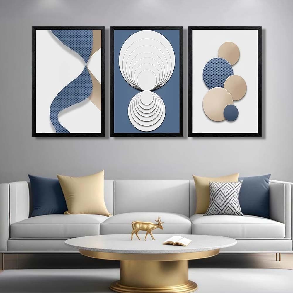Kit 3 Quadros Decorativos Geométrico  Moderno  Decoração Casa Sala  Quarto  Hall peças Abstrato moderno azul branco ouro