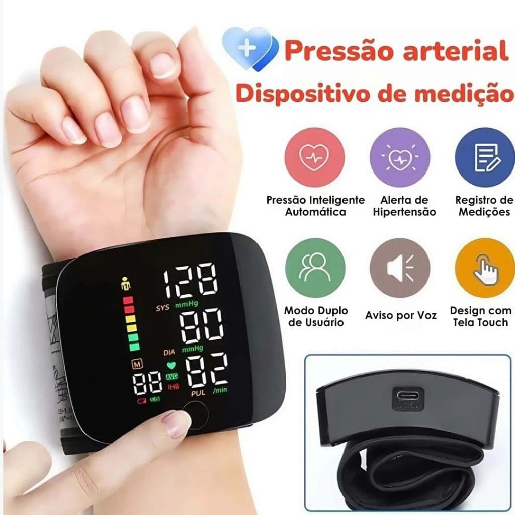 Esfigmomanômetro Aparelho de Pressão Digital de Pulso Recarregável · Alta Precisão ±3mmHg Tela LED Colorida