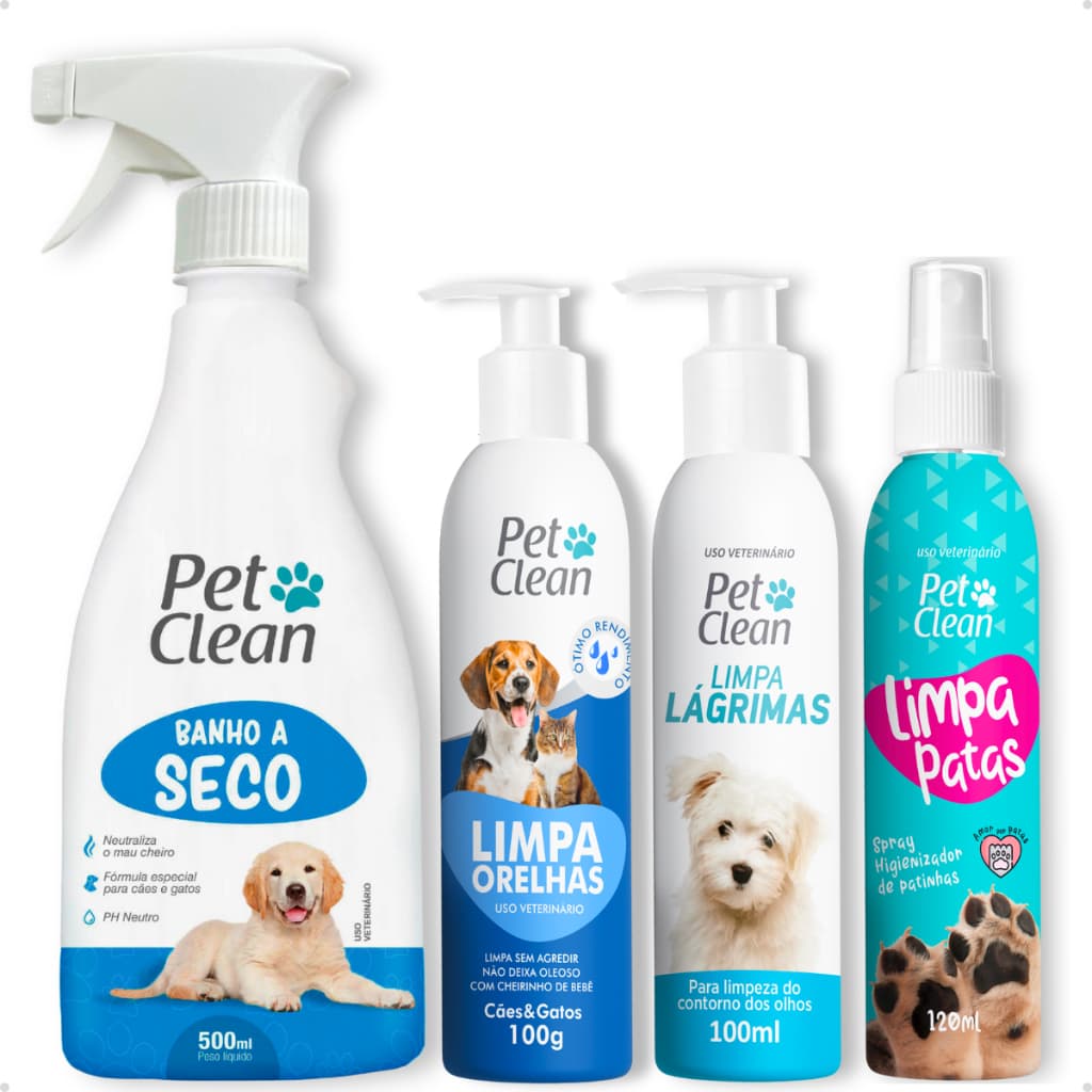 Kit 4 em 1: Banho a Seco + Limpa Lágrimas + Limpador de Ouvidos + Limpa Patas Pet Clean