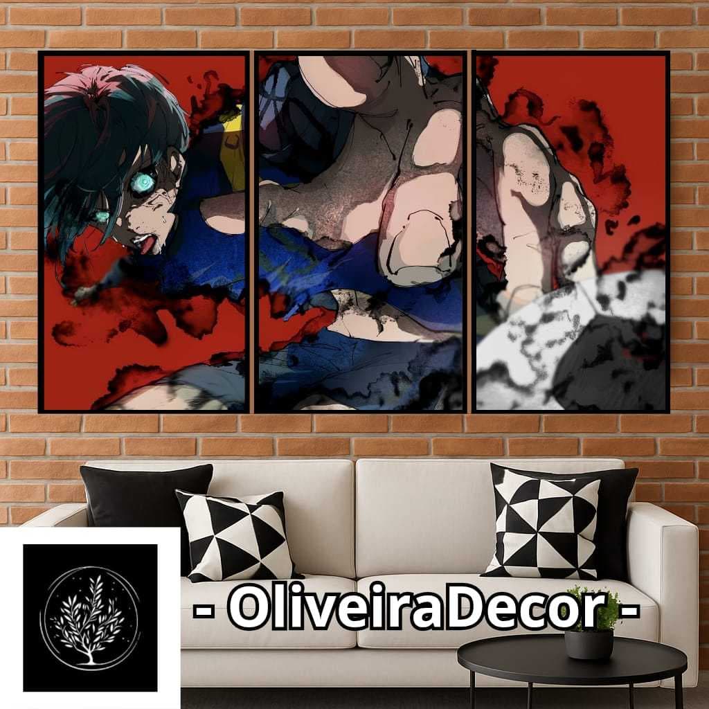 KIT QUADRO DECORATIVO GEEK ANIME MANGA BLUE LOCK FUTEBOL 3 PEÇAS DECORAR SALA QUARTO ESCRITORIO