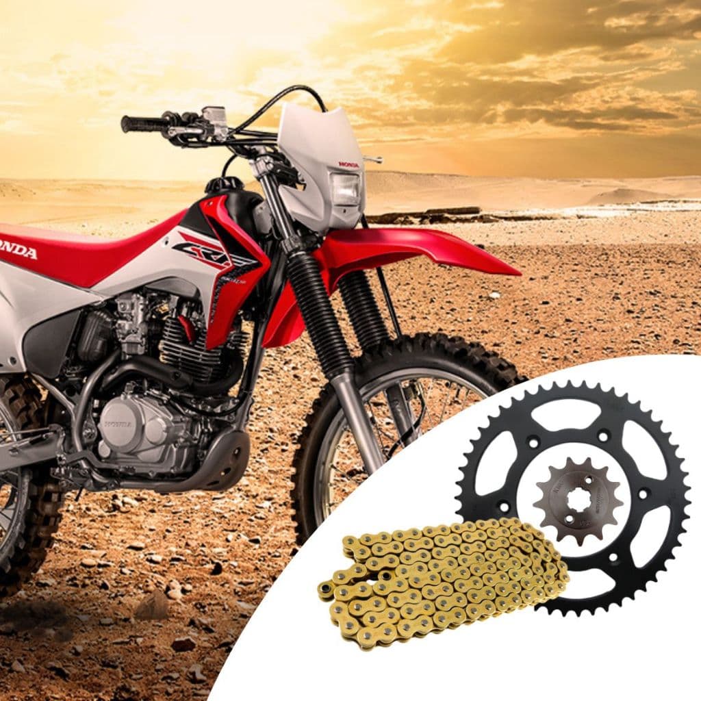 Kit relacao crf230 crf230f relação tração transmissão todas coroa pinhao e corrente gold dourada