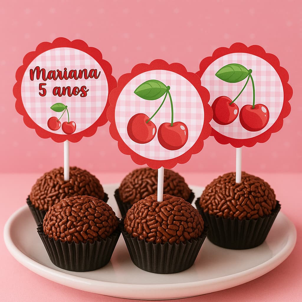 Topper para Docinho Cereja - Topper de Docinho Cerejinha-Decoração Cerejinha - Aniversário Cerejinha