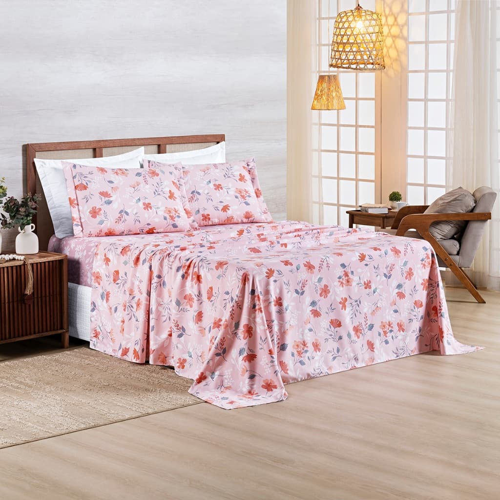 Jogo de Cama Afeto 400 Fios Casal Queen King Lençol Estampado Kit 4 Peças 100% Poliéster Confortável
