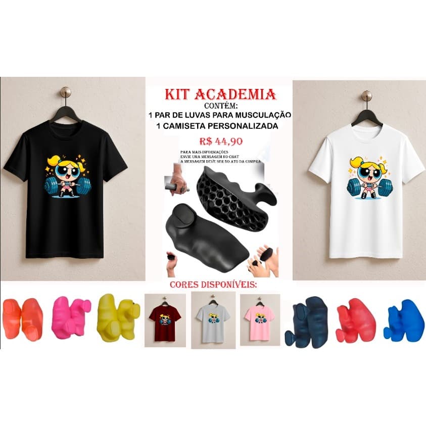 Kit com Par De Luva Crossfit Academia  Ginastica Musculação Treino Com Barras Grip +Camiseta Personalizada Blusa Unissex