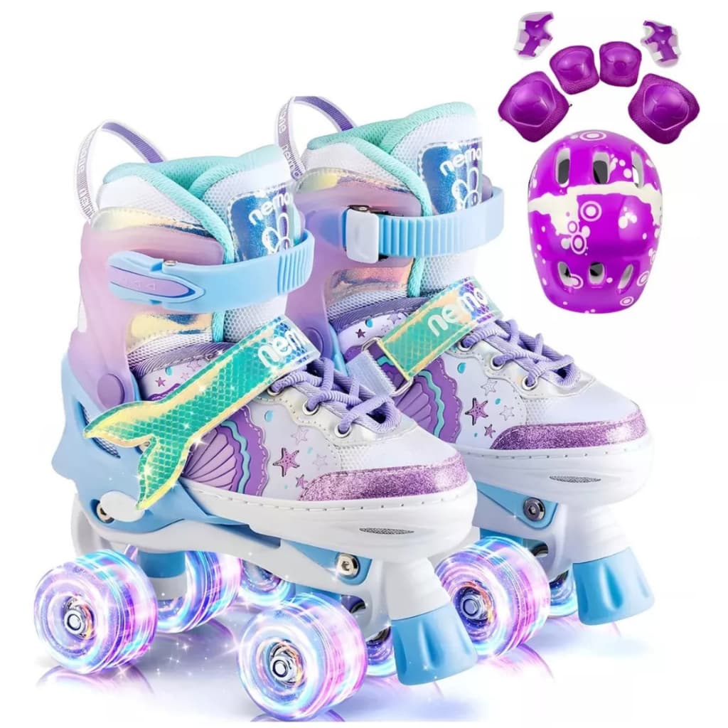Patins 4 Rodas Quad com Rodas LED e Ajustável c/ Kit Proteção  Desenho Arco íris e Sereia