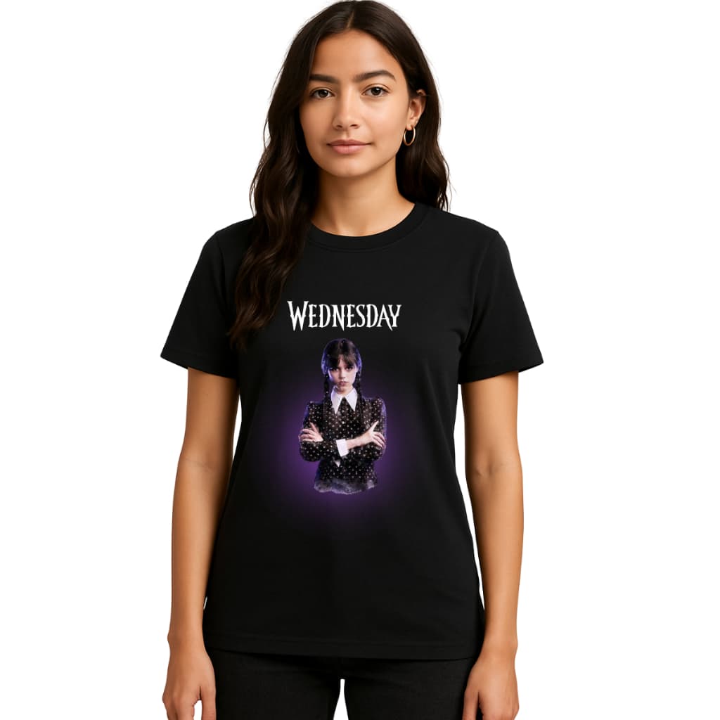 Camiseta Feminina  Estampada Personagem Gótica Estilo Wandinha Geek Casual Algodão