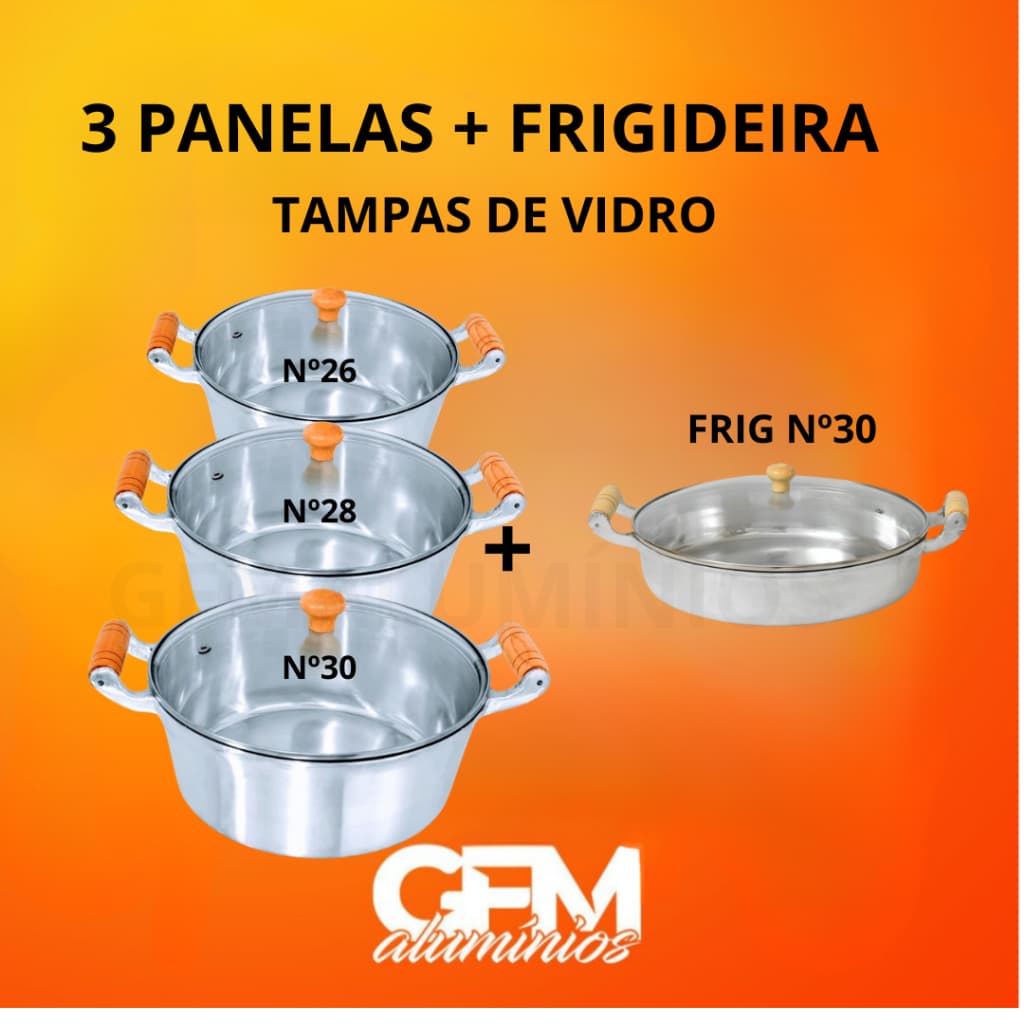 Jogo panelas grandes com frigideira em alumínio batido pegador de madeira com tampa