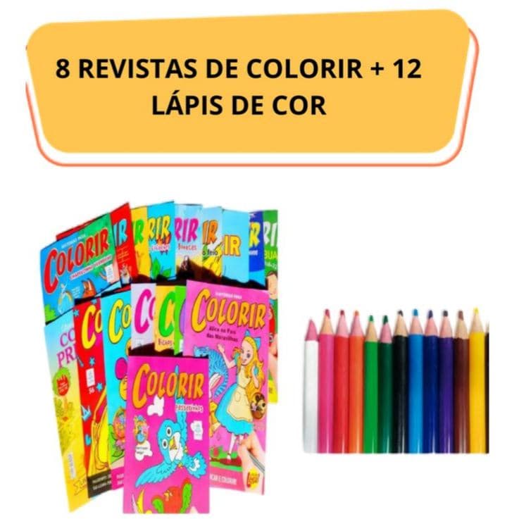 8 Revistinhas de Colorir+1 caixa de lápis de cor 12 Cores  Kit Festas Lembrancinhas Aniversarios