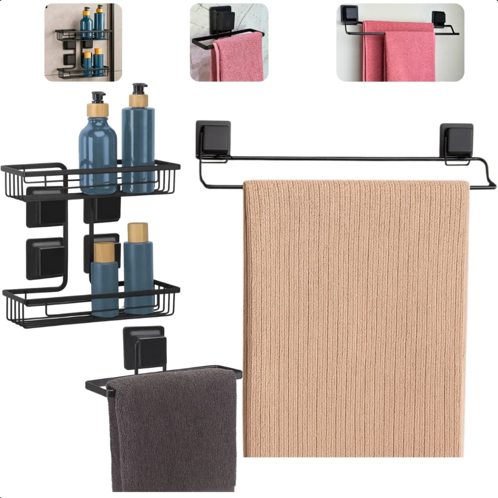 Kit Banheiro Porta Toalha Duplo Porta Toalha de Rosto Quadrado e Porta Shampoo Fixação Ventosa Arthi