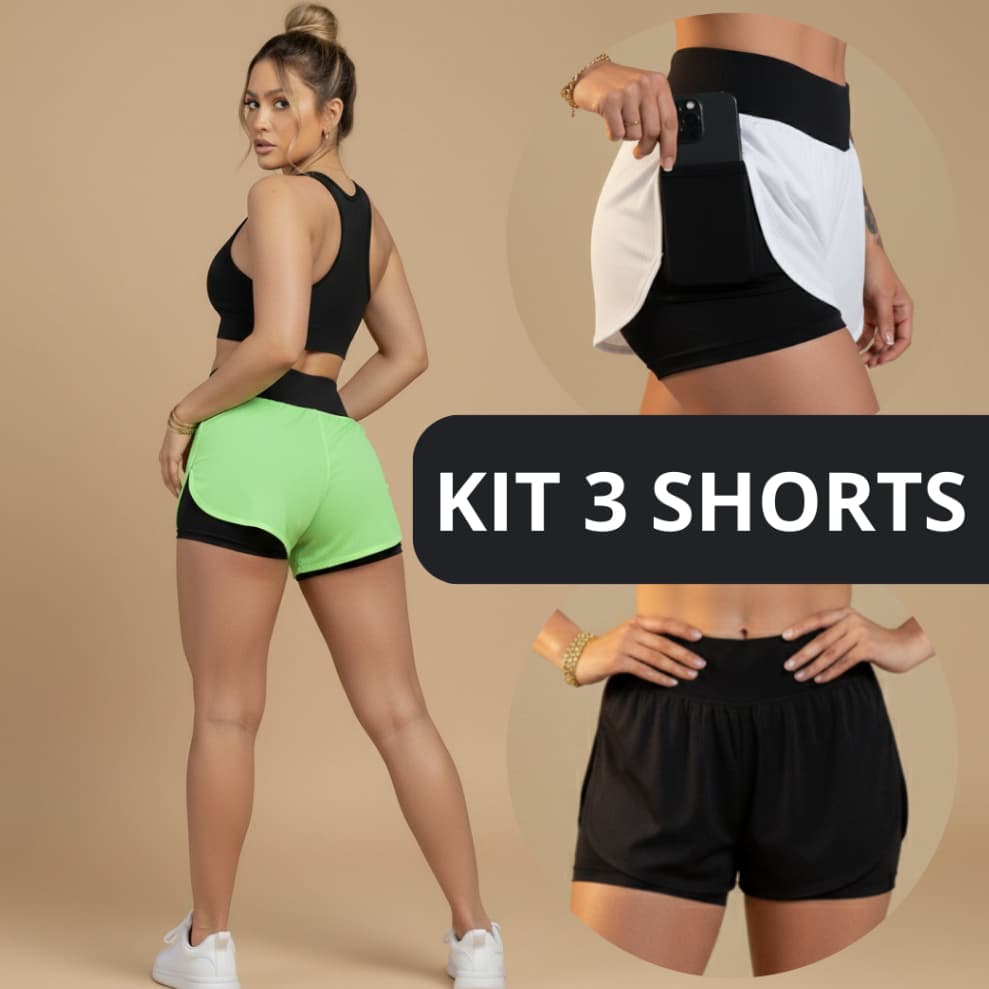 Kit 3 Shorts 2 Em 1 Feminino Duplo Cós Alto Academia Corrida Fitness Com Bolso Interno