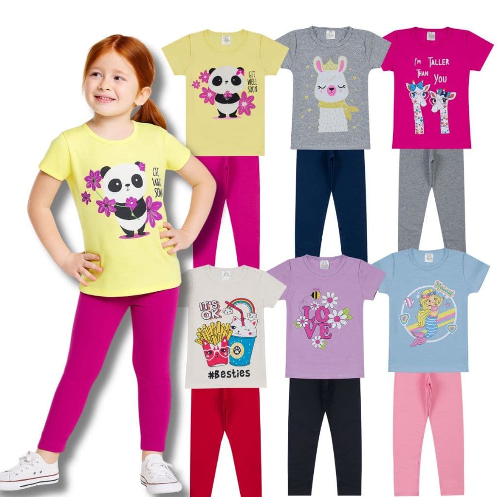 Kit Roupa Infantil Menina 6 Peças 3 Blusa e 3 Legging Menina Infantil de Cotton
