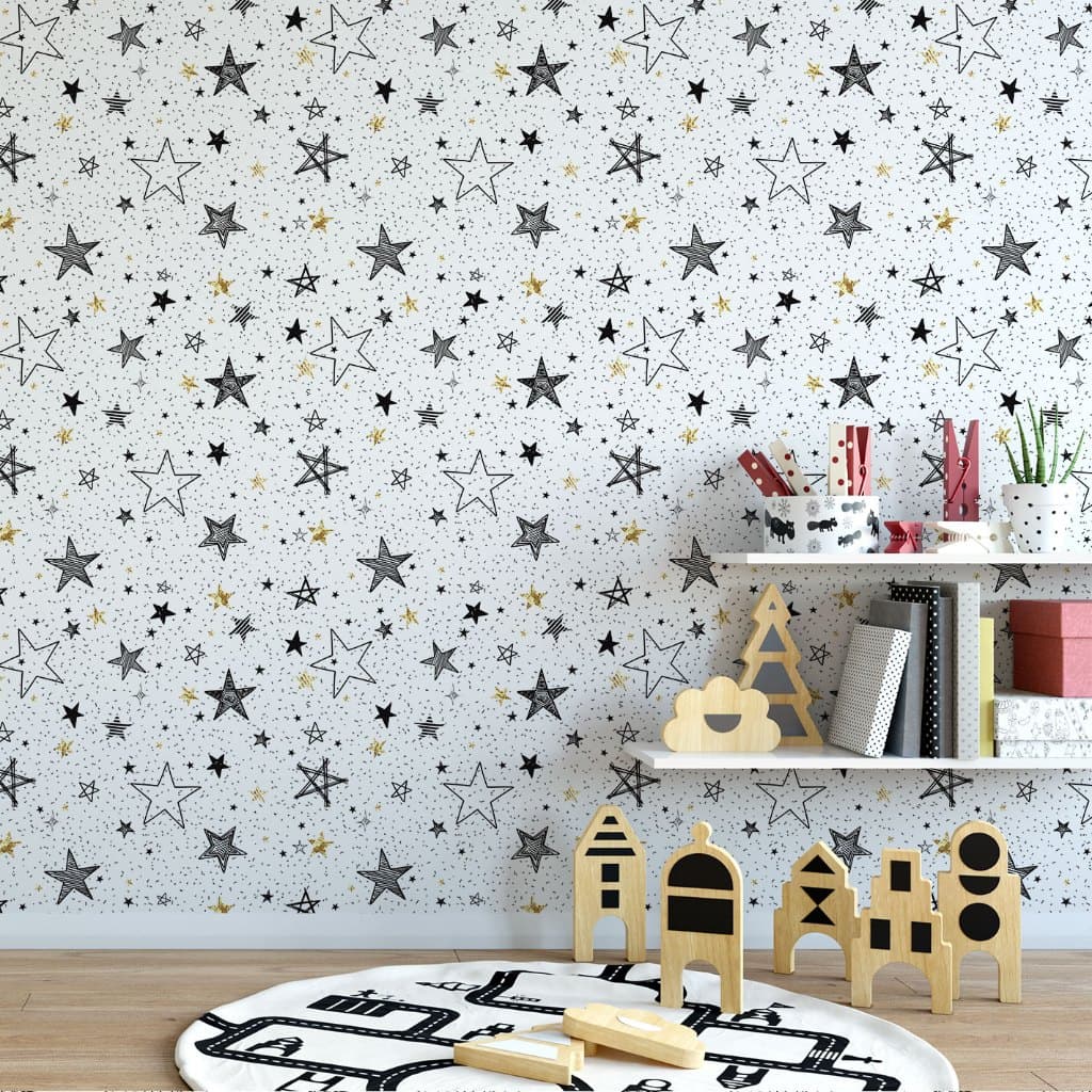 Papel de Parede Adesivo Decorativo Teens Estrelas Pretas e Douradas