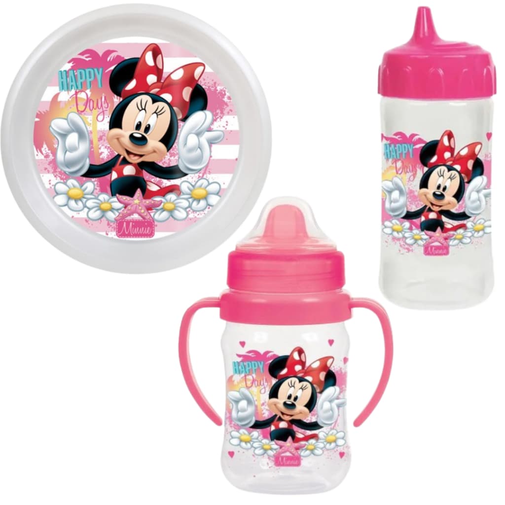 Kit Infantil Minnie BabyGo – Hora da Papinha com Prato Decorado+ Copo Treinamento c/ Alça 240ml+ Copo Antivazamento 60ml