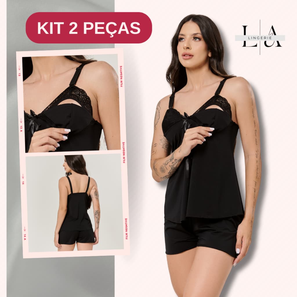 Kit 2 Pijamas Amamentação com Renda | Short Doll, Abertura Frontal e Tecido Leve