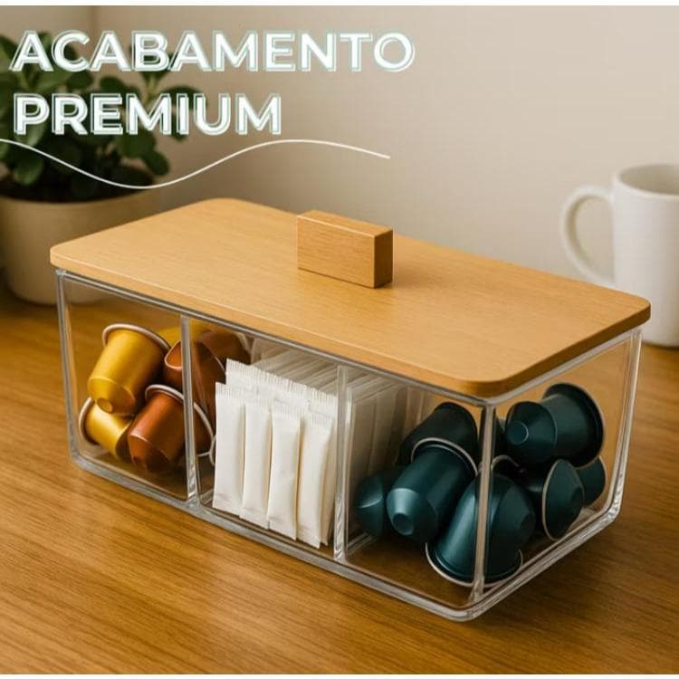 Caixa Organizadora Acrílica Porta Saches De Chá Porta Joia Com 3 Divisórias E Tampa De Bambu
