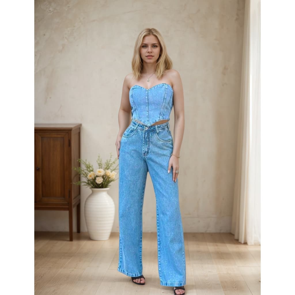 Conjunto Jeans De Calça e Cropped Com Brilho Moda Gringa