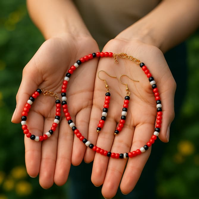 Kit 2 Conjuntos Bijuteria Cobra Coral - Colar,Brincos e Pulseira de Miçangas Feminina - Proteção Espiritual - Choker