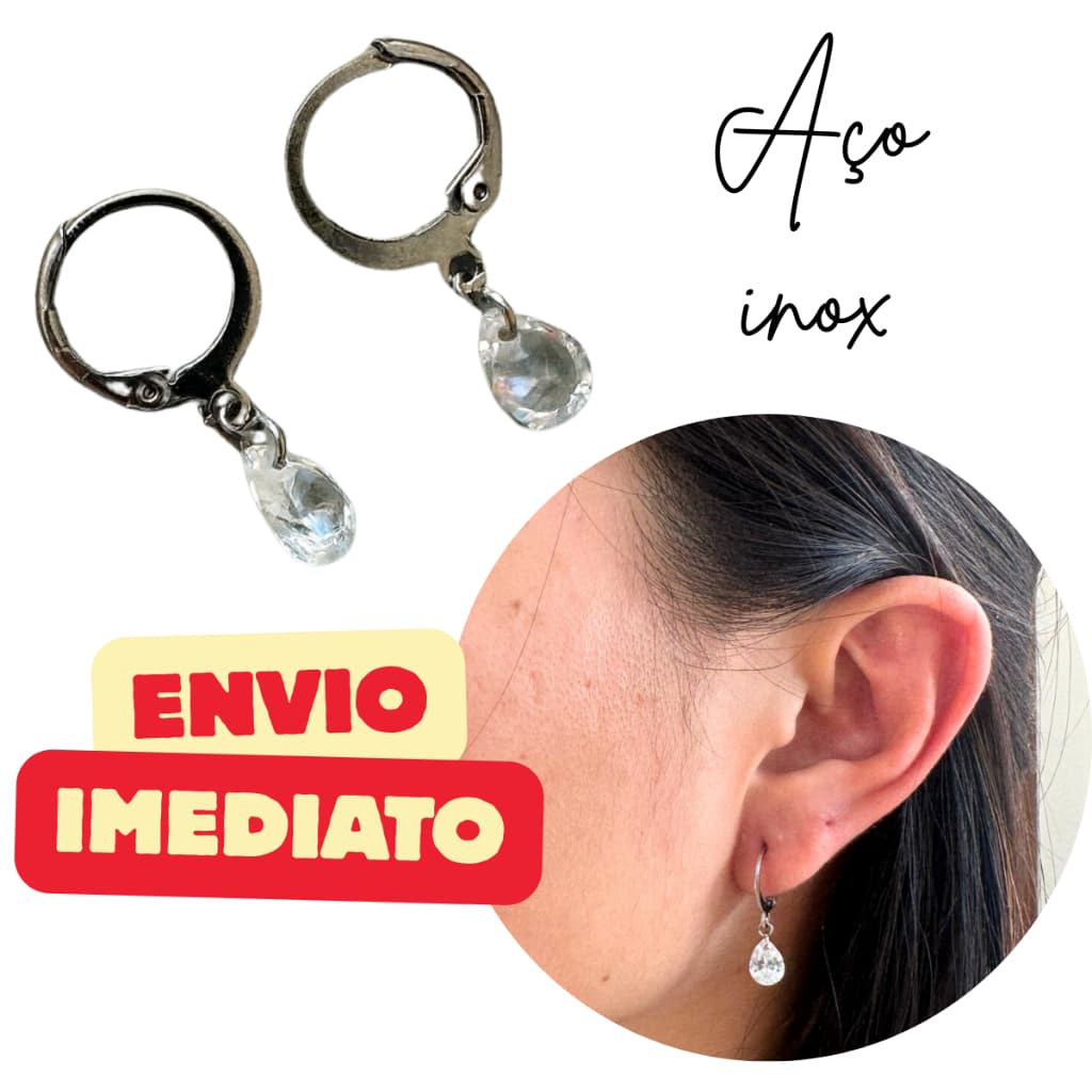 Brinco Aço Inox  Argolinha com Zircônia Gota 6x8mm Feminino-Anti-alergico -Direto da fábrica-ENVIO IMEDIATO