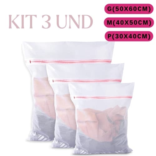 Kit 3 Sacos Para Lavar Roupas na Máquina Delicadas com Zíper  - Tamanhos P, M e G