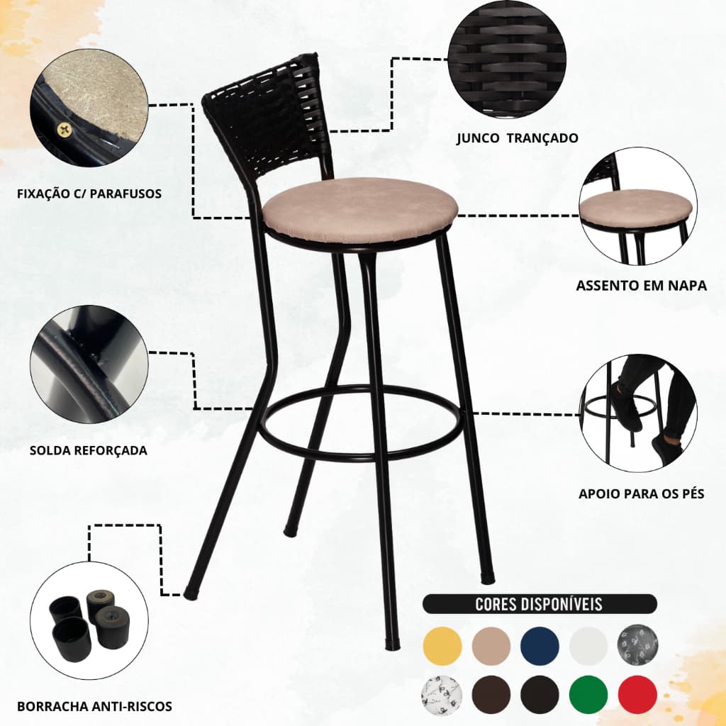 Banqueta Americana Alta Flex Junco Preto Bar Bistro de Junco Fibra Sintetica