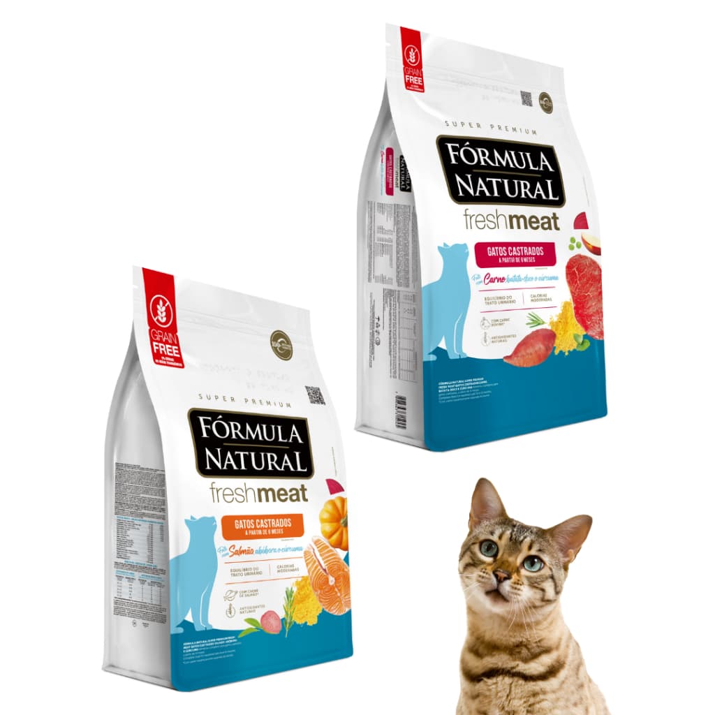 Kit Formula Natural Fresh Meat Para Gatos Castrados Com 2 Sabores Carne E Salmão 500g + NF