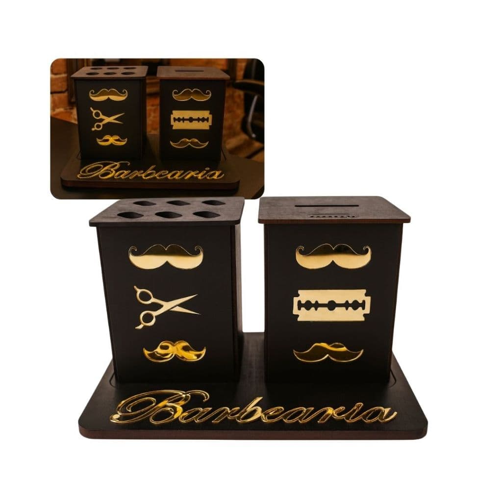 Descarte Para Lâminas De Barbearias + Porta Tesouras com Decoração em Acrílico Dourado