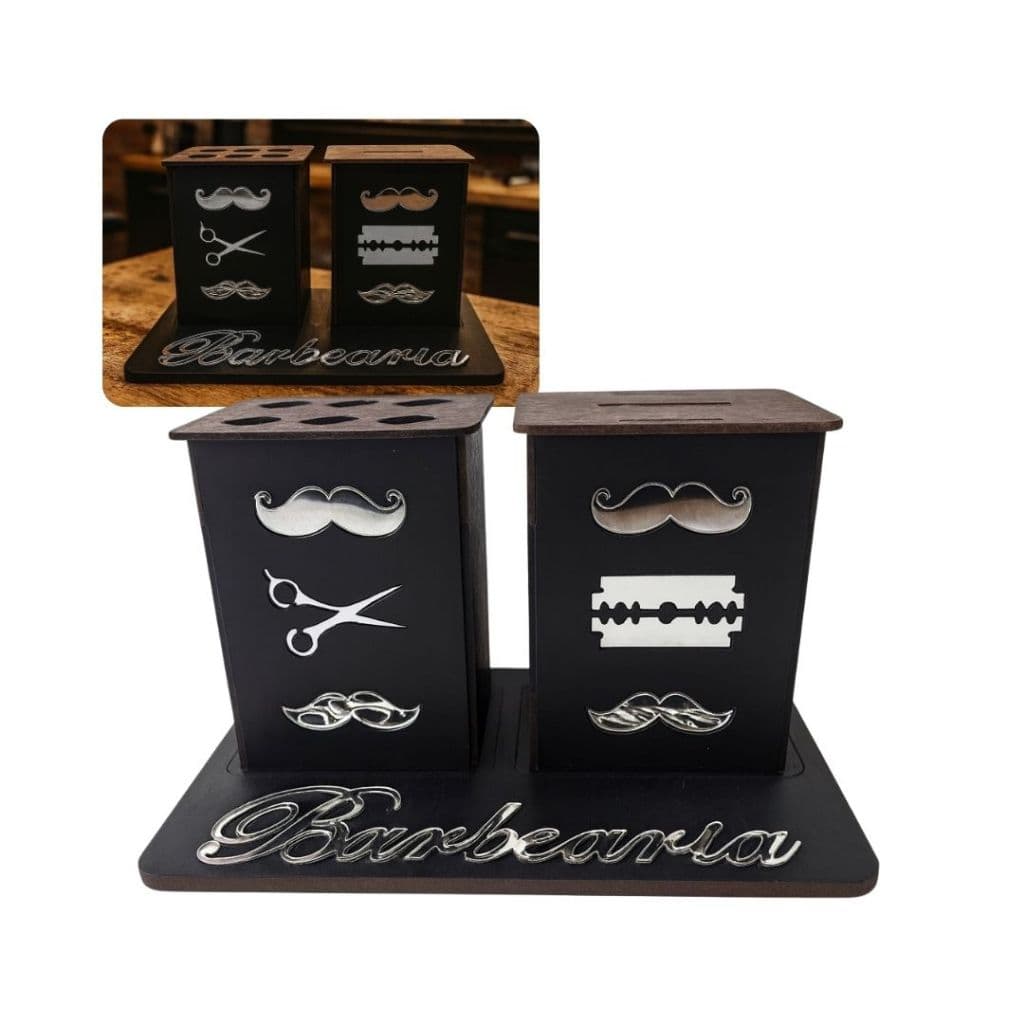 Descarte Para Lâminas De Barbearias + Porta Tesouras com Decoração em Acrílico Prata