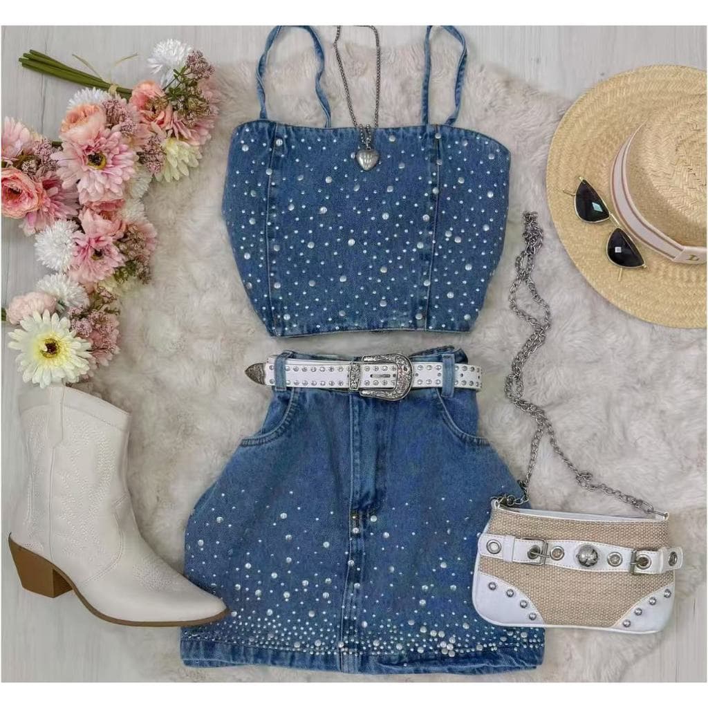 kissmelady 8333 conjunto jeans feminina blusa com saia  com brilho  p38 m40 g42