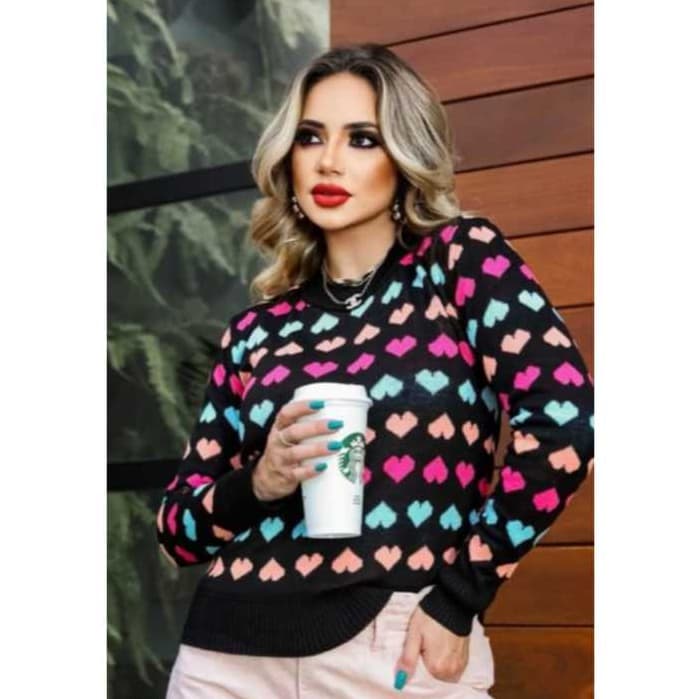 Blusa Feminina de Inverno Grossa em Tricot Corações Coloridos