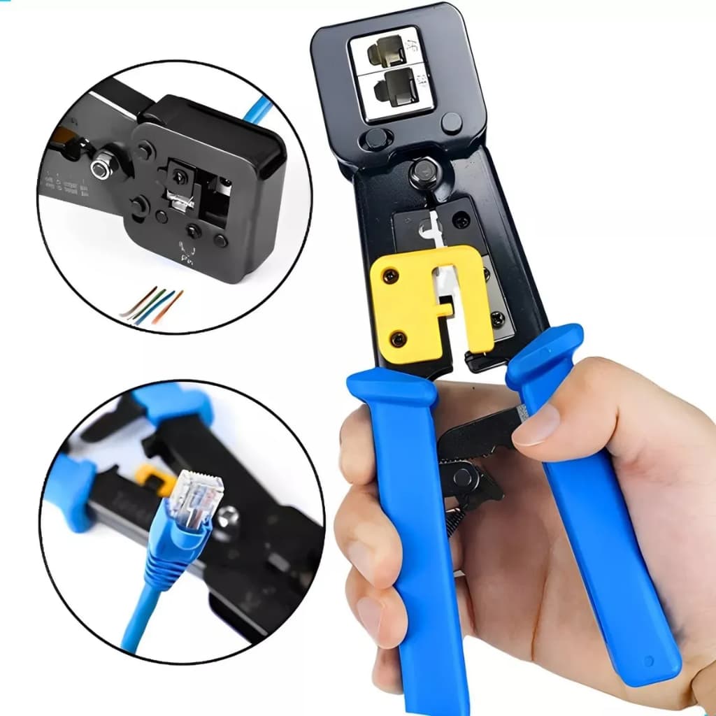 Alicate de Crimpagem para Rede – RJ45 / RJ11 / RJ12 – 3 em 1 (Cortar • Decapar • Crimpar) – Opção Pass-Through