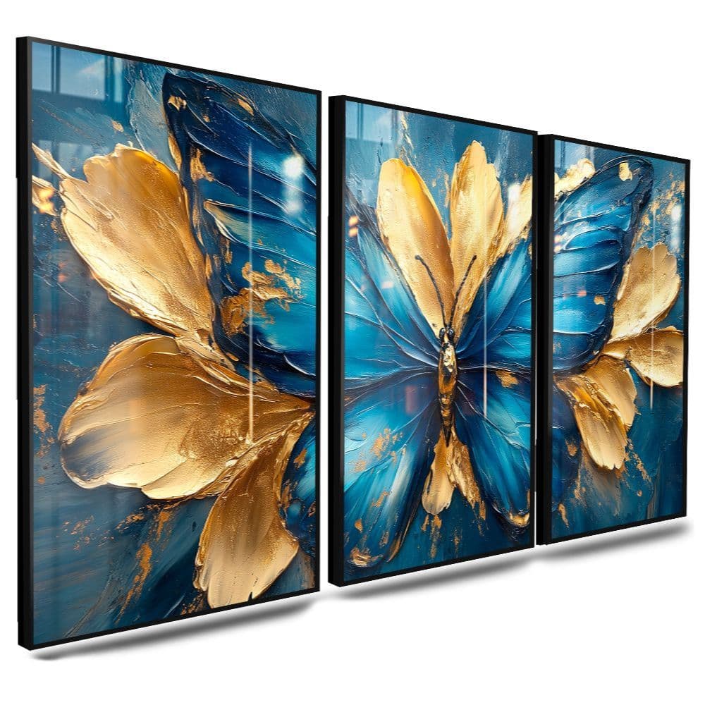 Quadro Decorativo Borboleta Azul e Dourada Arte Moderna Abstrata com Luxo e Sofisticação para Sala