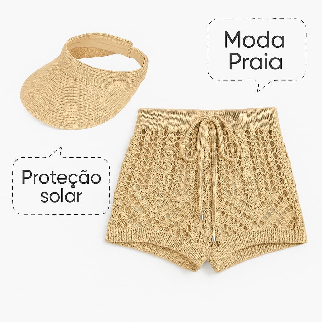 Conjunto Feminino Verão Viseira com Shortinho Crochê