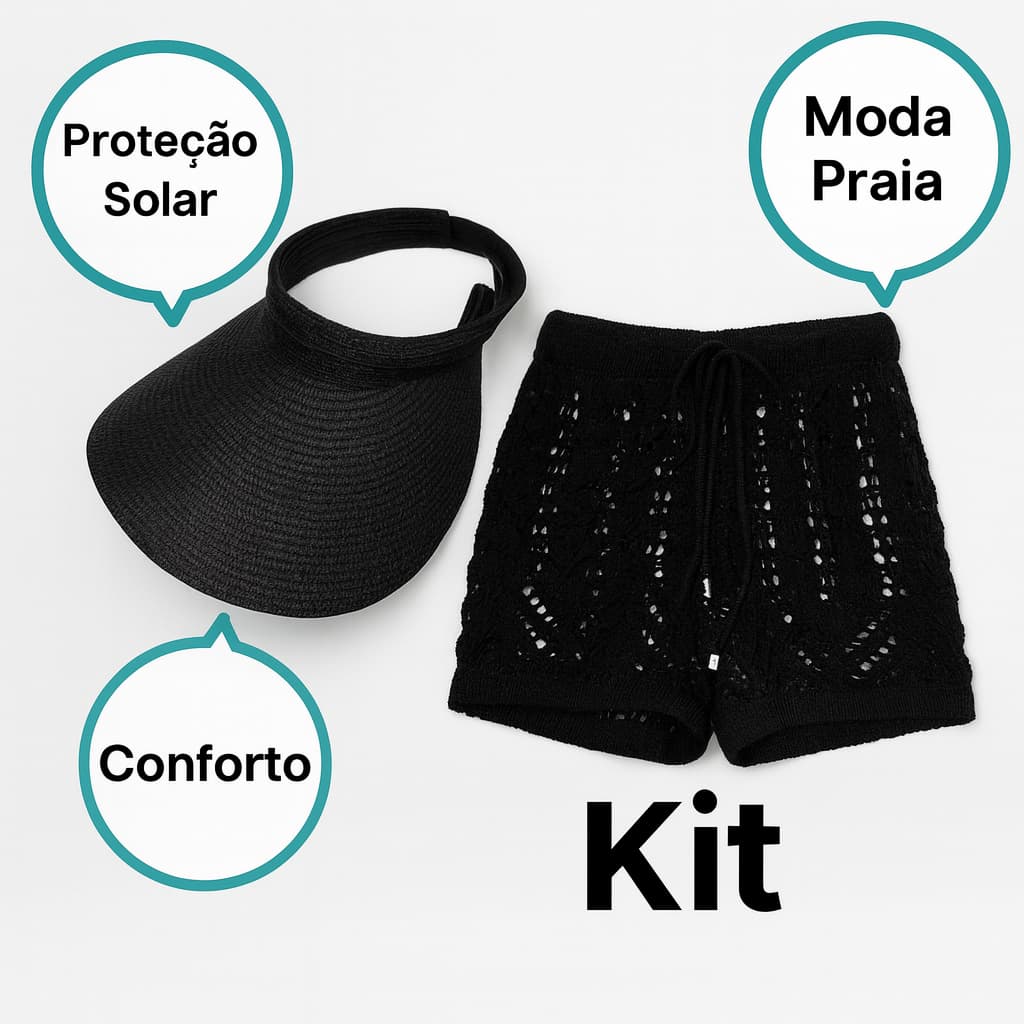 Kit Verão Moda Praia Feminino Viseira + Short Crochê Estilosa