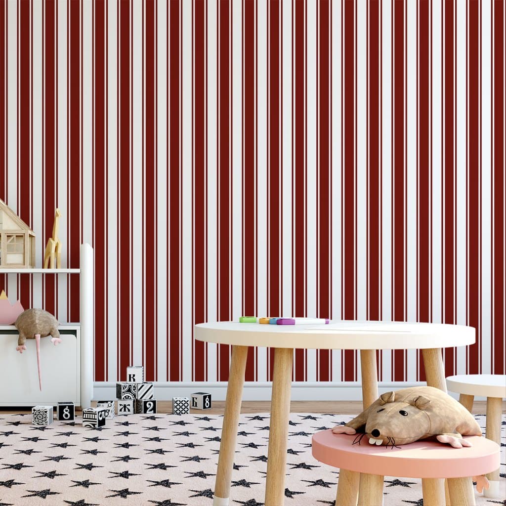 Papel de Parede Adesivo Decorativo Listrado Bordô e Branco de Três Faixas