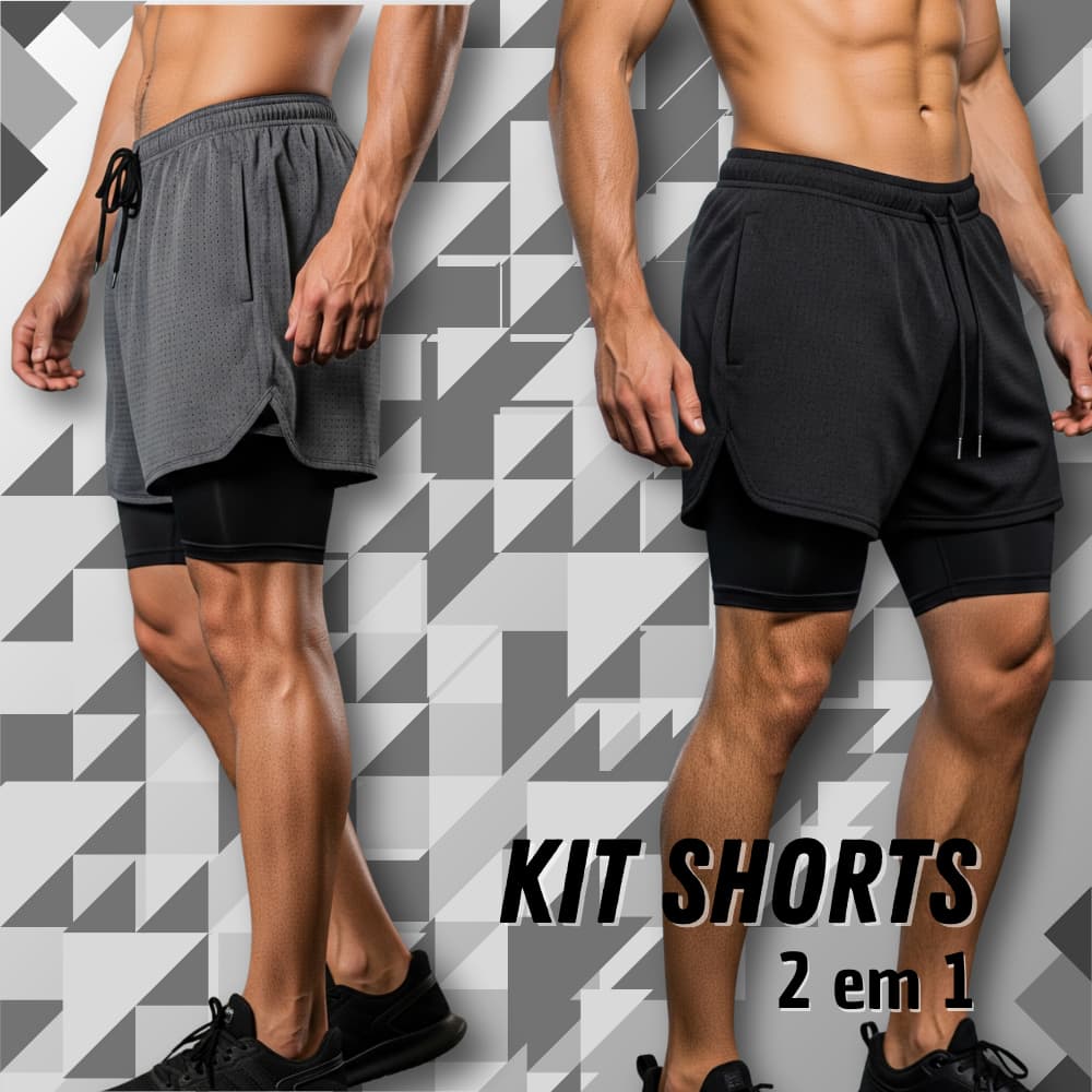 Kit 2 Bermudas Masculinas 2 em 1 | Fitness Academia com Compressão e Bolso
