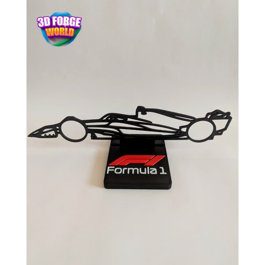 Escultura carro de F1 em Linha – Decoração no formato de Carro de Fórmula 1 Preto com base na logo da Formula 1
