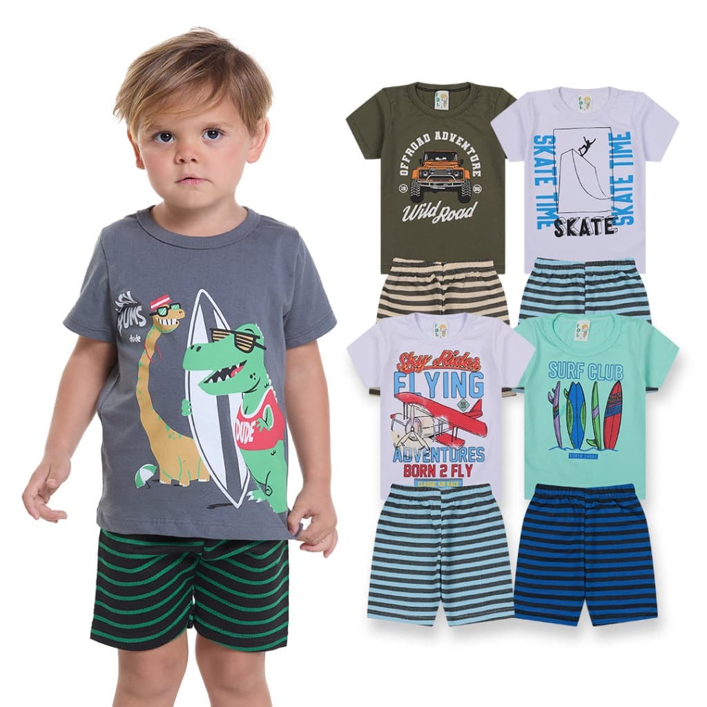 Kit Sortido 4 Peças de Roupas Infantil Menino- 2 Camisetas + 2 Bermudas - Kit 2 Conjuntos de Roupa Verão Menino Bebê
