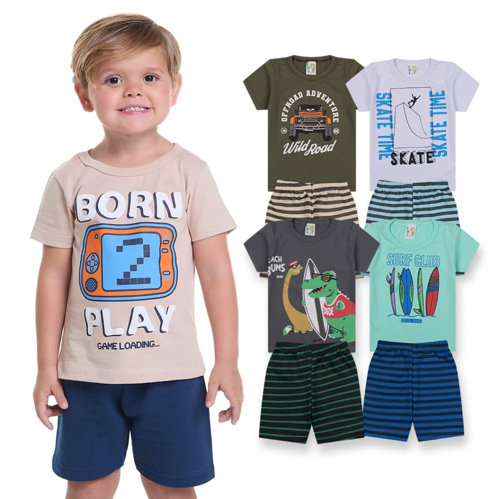 Kit Sortido 6 Peças de Roupas Infantil Menino- 3 Camisetas + 3 Bermudas - Kit 3 Conjuntos de Roupa Verão Menino Bebê