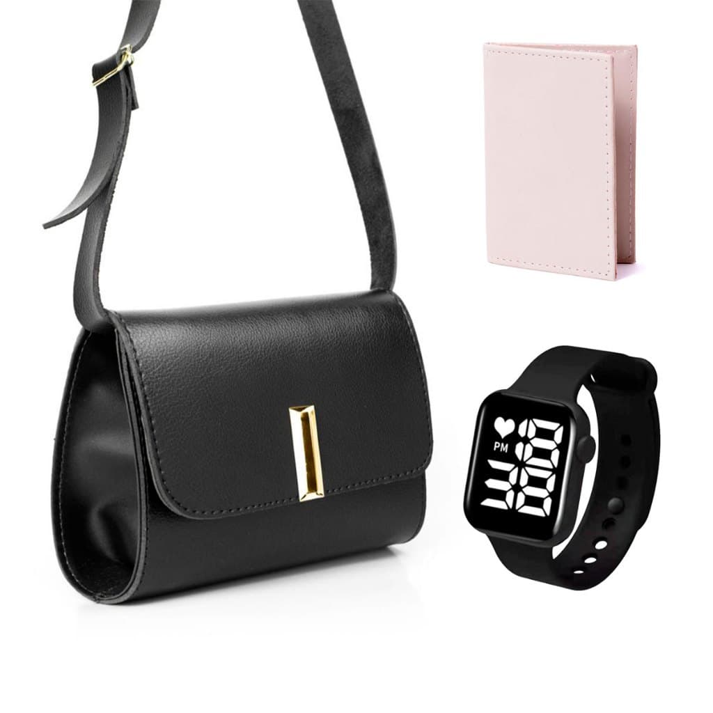 Bolsa pequena  femininatransversal tiracolo casual preta+carteira off+relogio digital