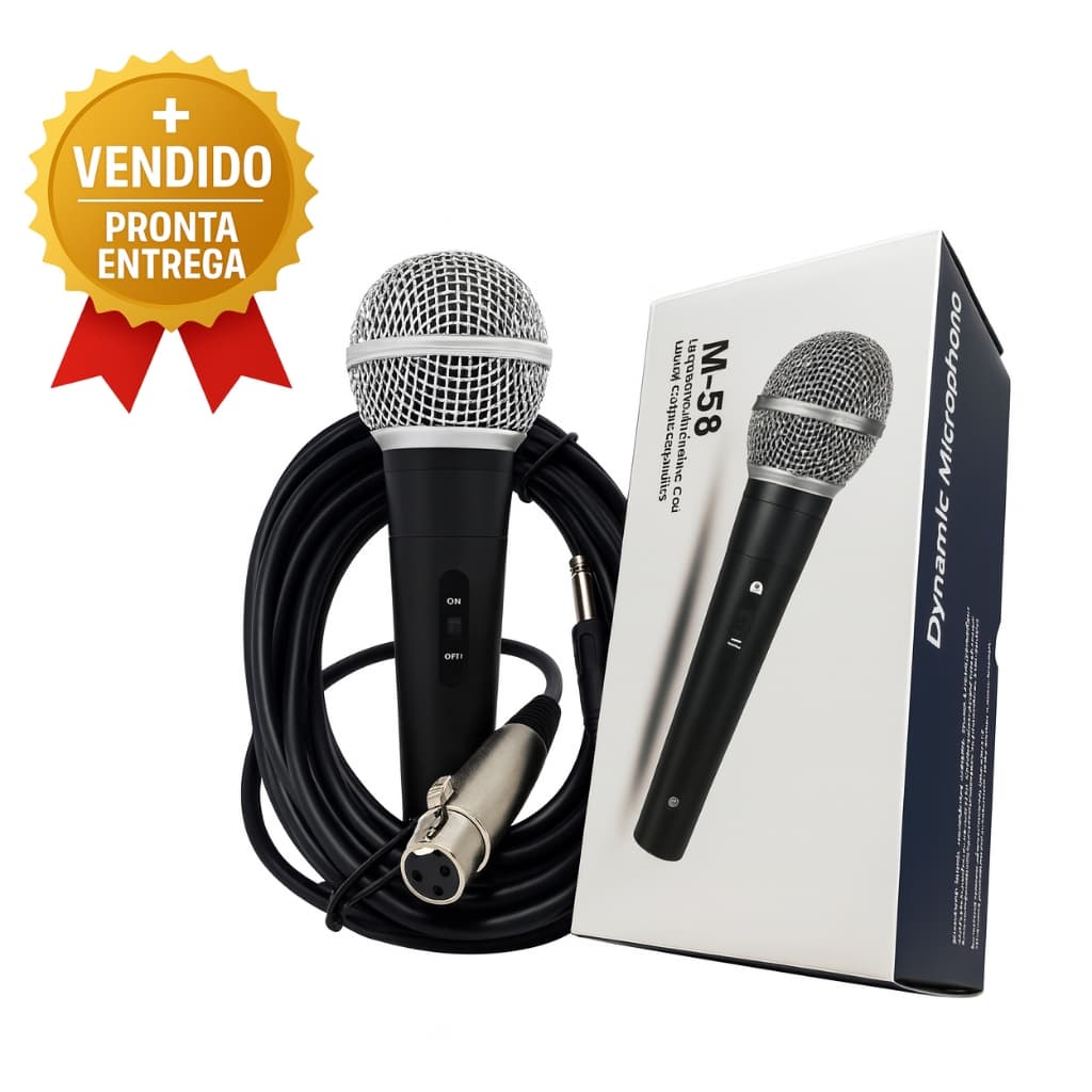 Microfone Dinâmico Com Fio Profissional Cabo 5 Metros XLR P10 Para Karaokê Igreja Estúdio e Eventos