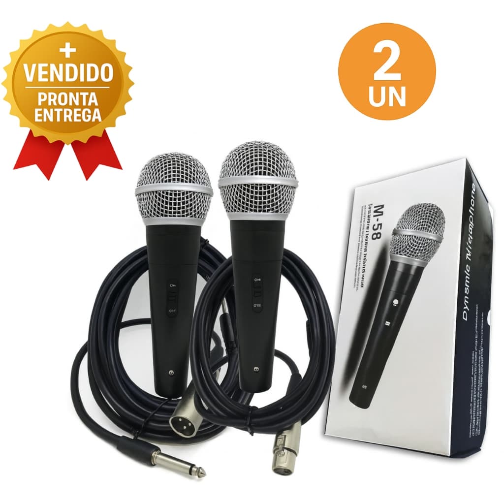 Kit 2 Microfone Dinâmico Com Fio Profissional Cabo 5 Metros XLR P10 Karaokê Igreja Estúdio e Eventos