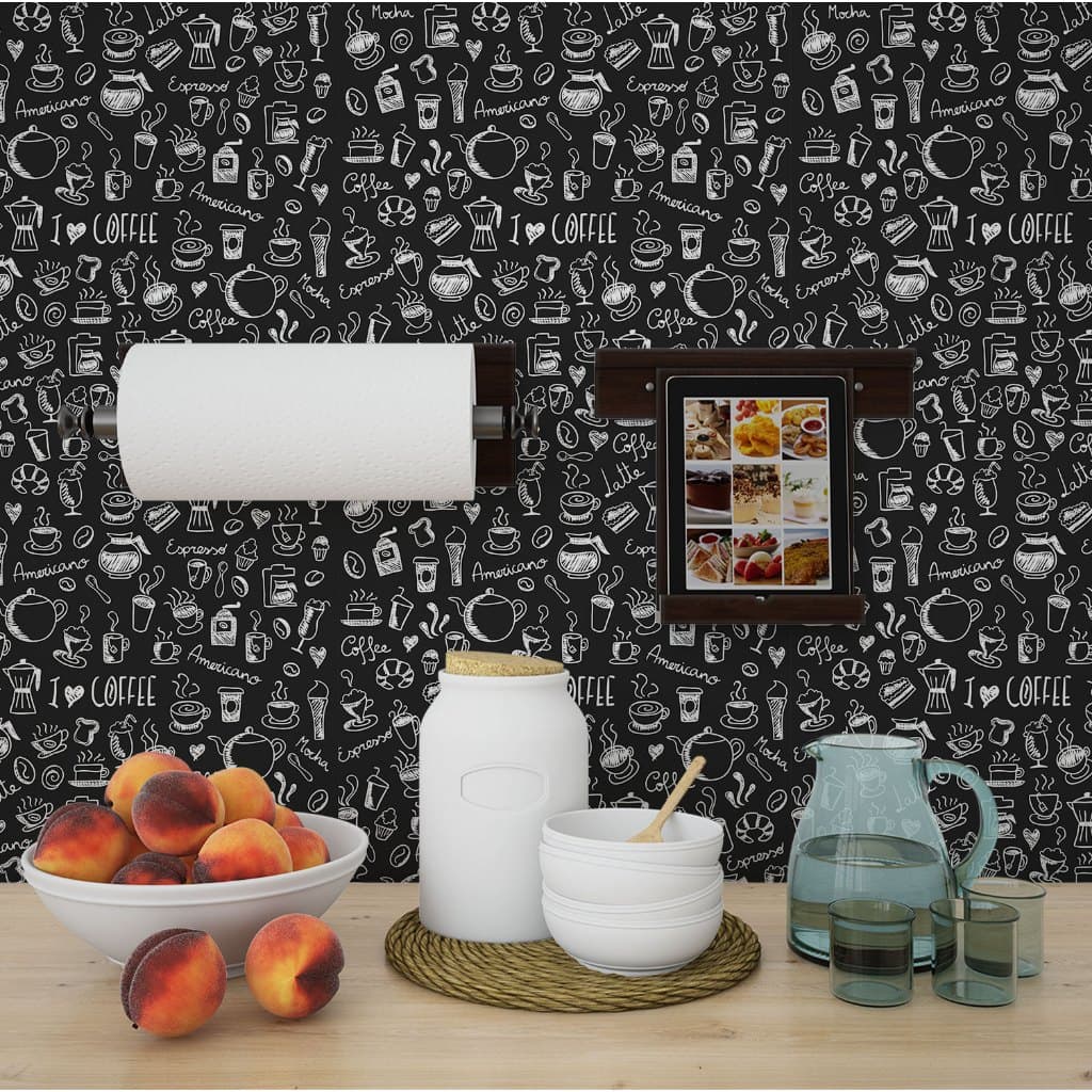 Papel de Parede Adesivo Decorativo Temático Cantinho do Café Tipos e Objetos Sketch