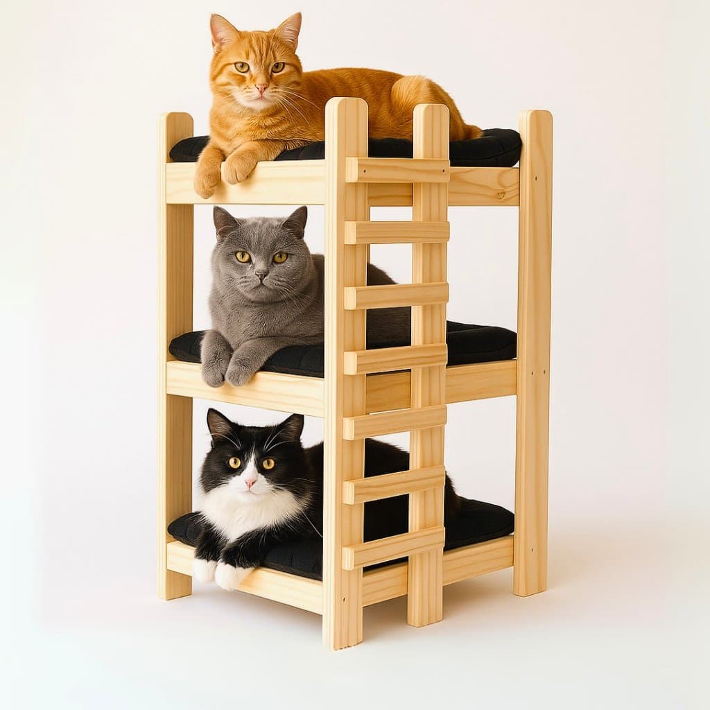Cama para Gatos Treliche em Madeira Maciça com Colchão Lavável 3 Andares Caminha Pet