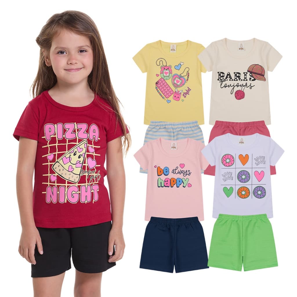Kit Sortido 4 Peças de Roupas Infantil Menina- 2 Camisetas + 2 Bermudas - Kit 2 Conjuntos de Roupa Verão Menina Bebê