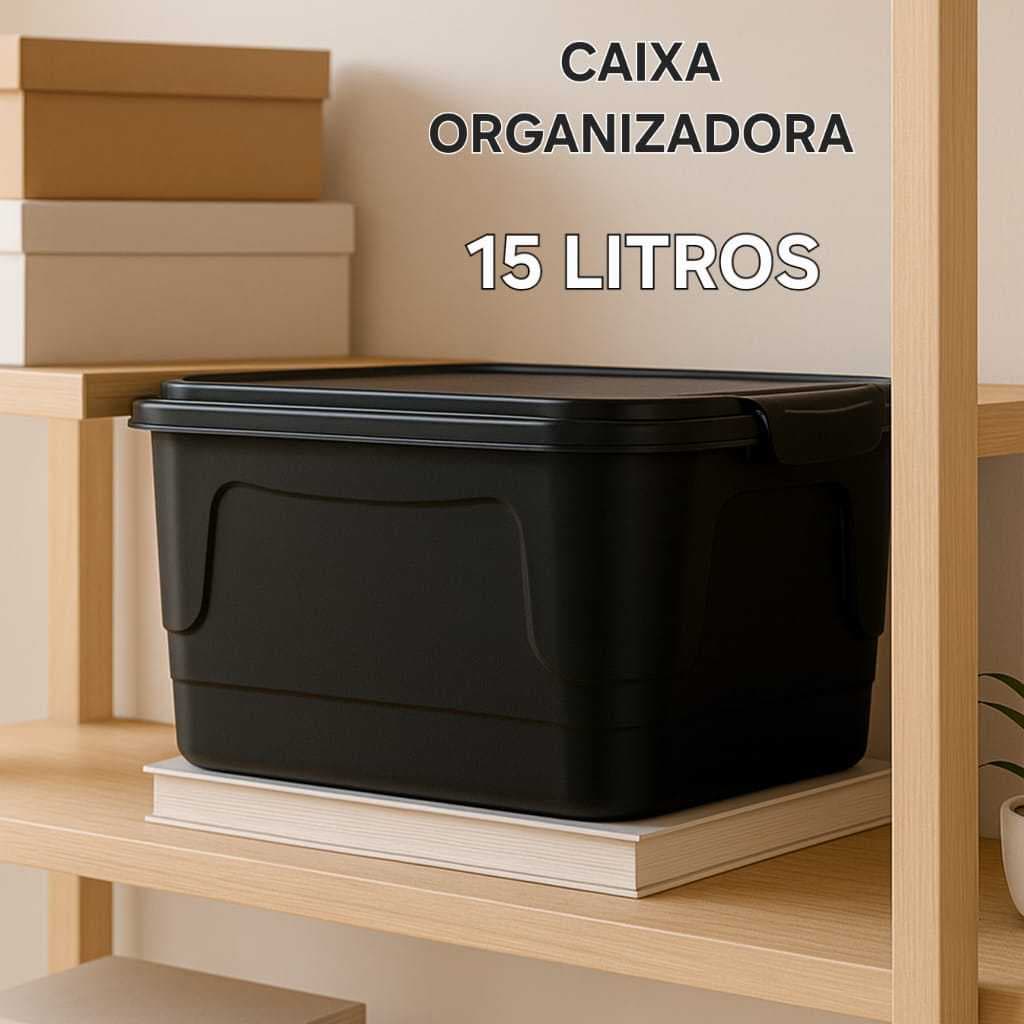 Caixa Plastica Organizadora 15 Litros Com Tampa Vedação Organização Cor Preto Black Elegante Pratica E Moderna